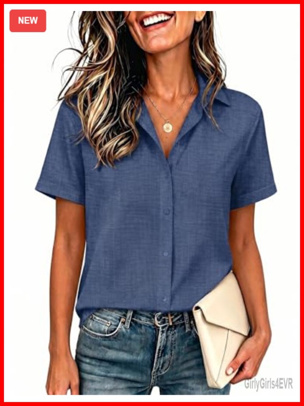 Women's Button Down Blouse Cuffed Short Sleeve Casual Work Top